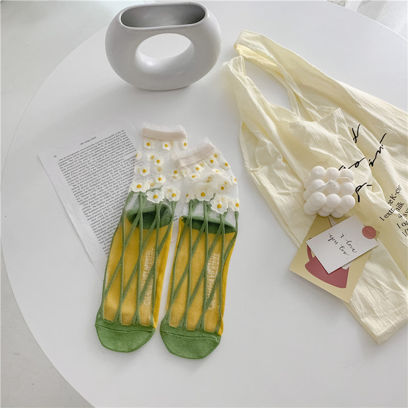 Retro Japanese Sheer Mesh Socks – Bright-Color Glass Silk Low-Cut Daisy & Geo Patterns, Breathable Women’s One Size