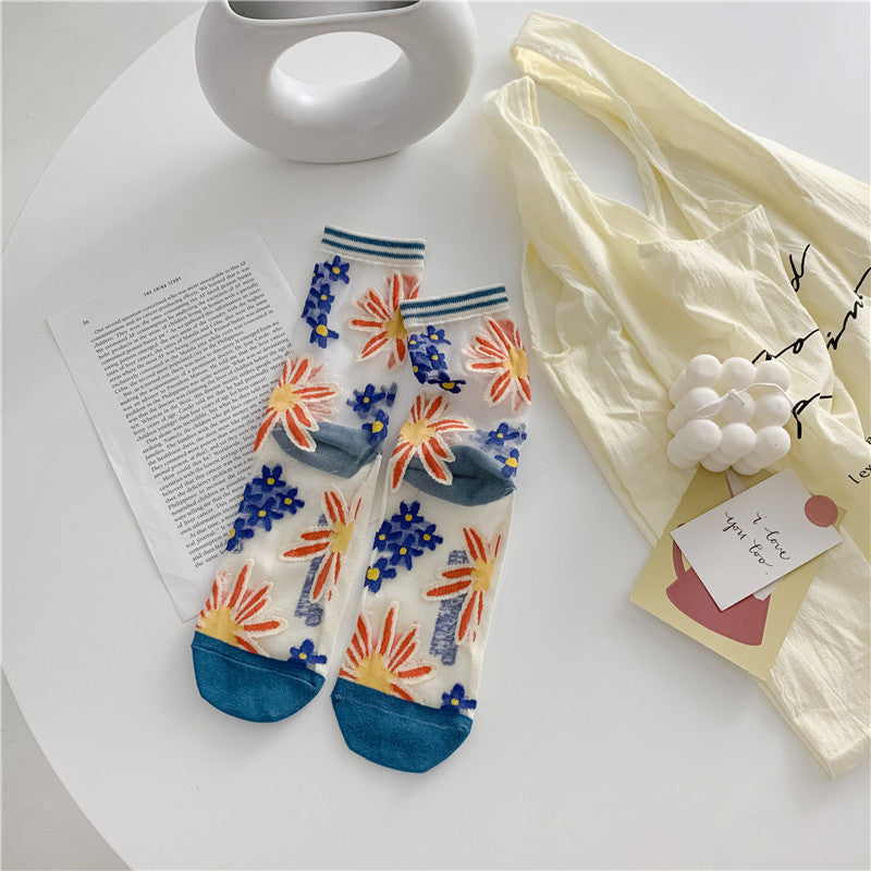 Retro Japanese Sheer Mesh Socks – Bright-Color Glass Silk Low-Cut Daisy & Geo Patterns, Breathable Women’s One Size