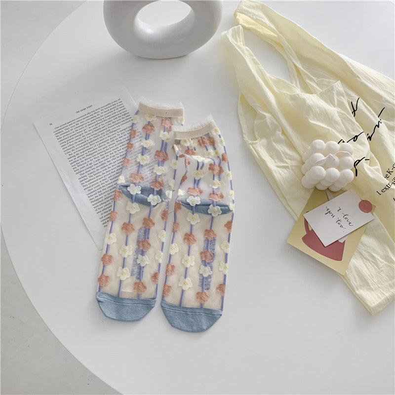 Retro Japanese Sheer Mesh Socks – Bright-Color Glass Silk Low-Cut Daisy & Geo Patterns, Breathable Women’s One Size