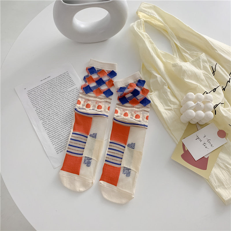Retro Japanese Sheer Mesh Socks – Bright-Color Glass Silk Low-Cut Daisy & Geo Patterns, Breathable Women’s One Size