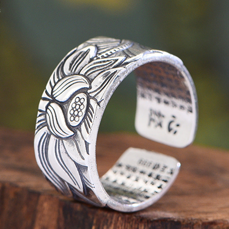 Vintage-Style Silver Plated Prajna Paramita Heart Sutra Lotus Ring – Adjustable Buddhist Jewelry for Men & Women
