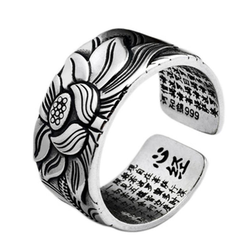 Vintage-Style Silver Plated Prajna Paramita Heart Sutra Lotus Ring – Adjustable Buddhist Jewelry for Men & Women