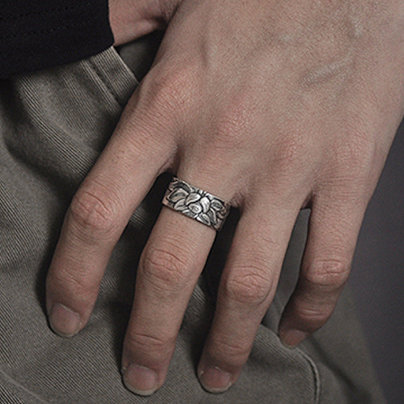 Vintage-Style Silver Plated Prajna Paramita Heart Sutra Lotus Ring – Adjustable Buddhist Jewelry for Men & Women