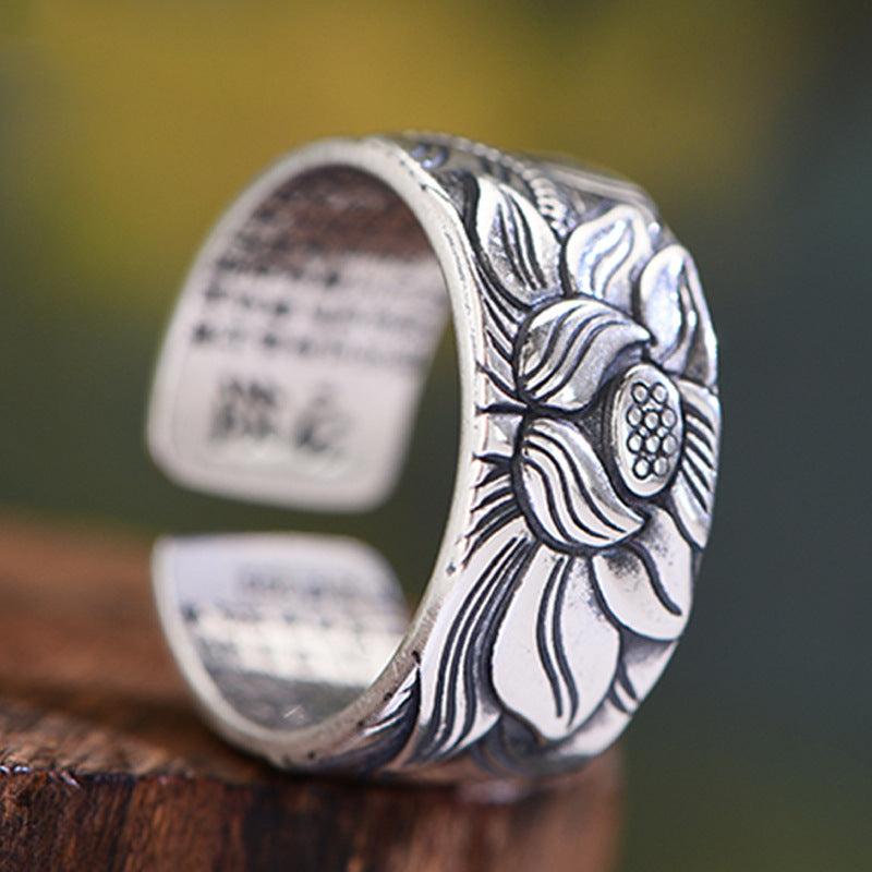 Vintage-Style Silver Plated Prajna Paramita Heart Sutra Lotus Ring – Adjustable Buddhist Jewelry for Men & Women