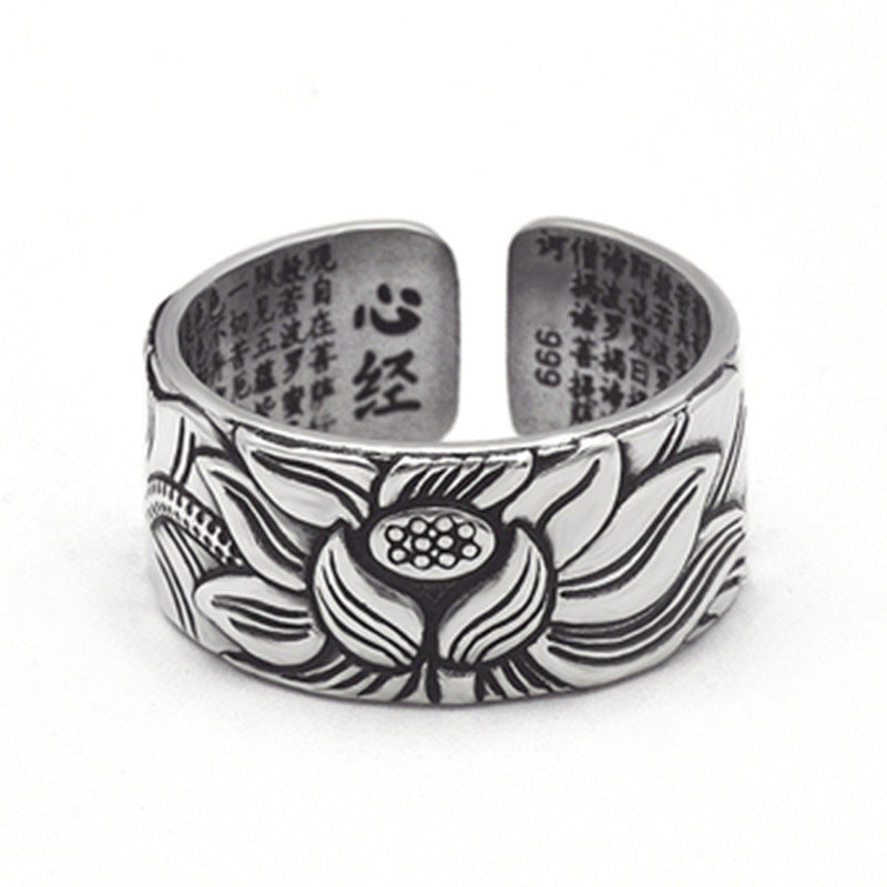 Vintage-Style Silver Plated Prajna Paramita Heart Sutra Lotus Ring – Adjustable Buddhist Jewelry for Men & Women
