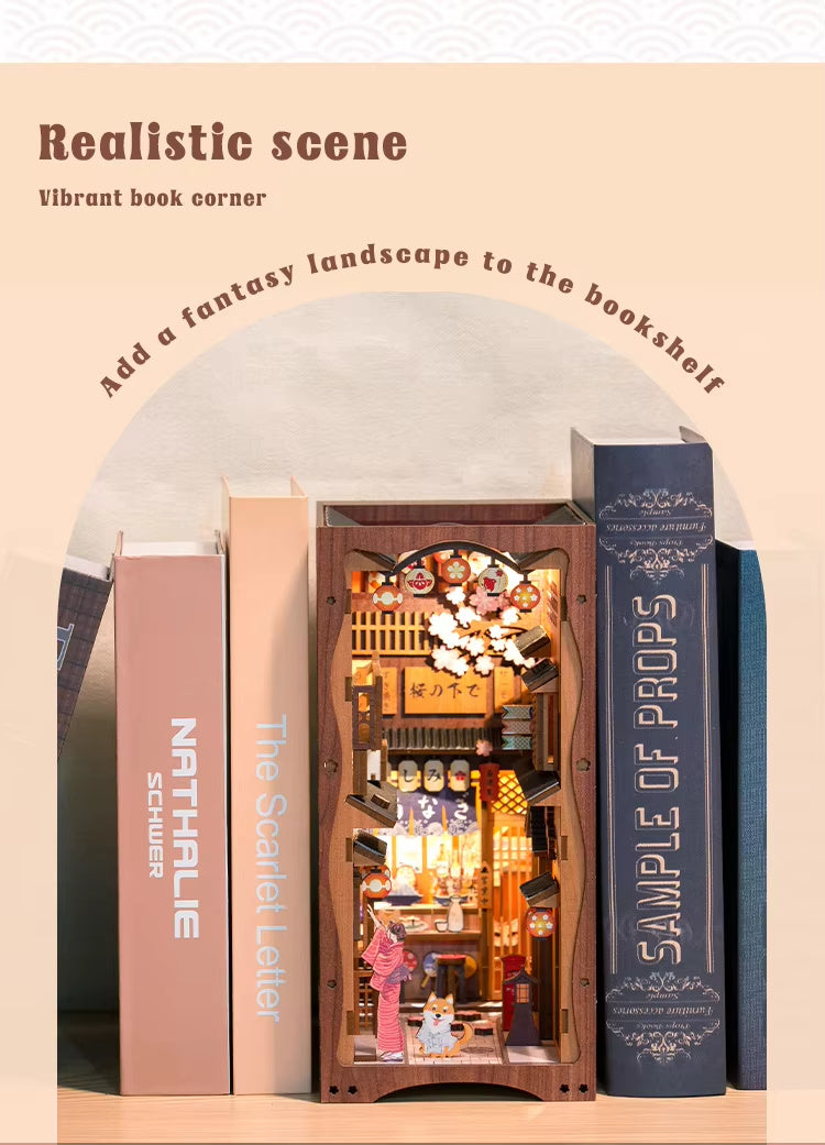 Japanese Sakura Book Nook Kit – DIY Miniature Dollhouse Bookshelf Insert Alley Model with LED Light, Craft Gift for Adults & Teens