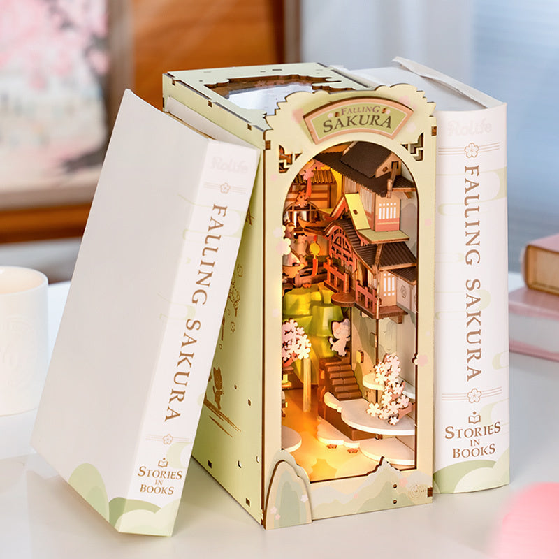 Falling Sakura Book Nook Kit – DIY 3D Wooden Japanese Street Bookshelf Insert with LED Light