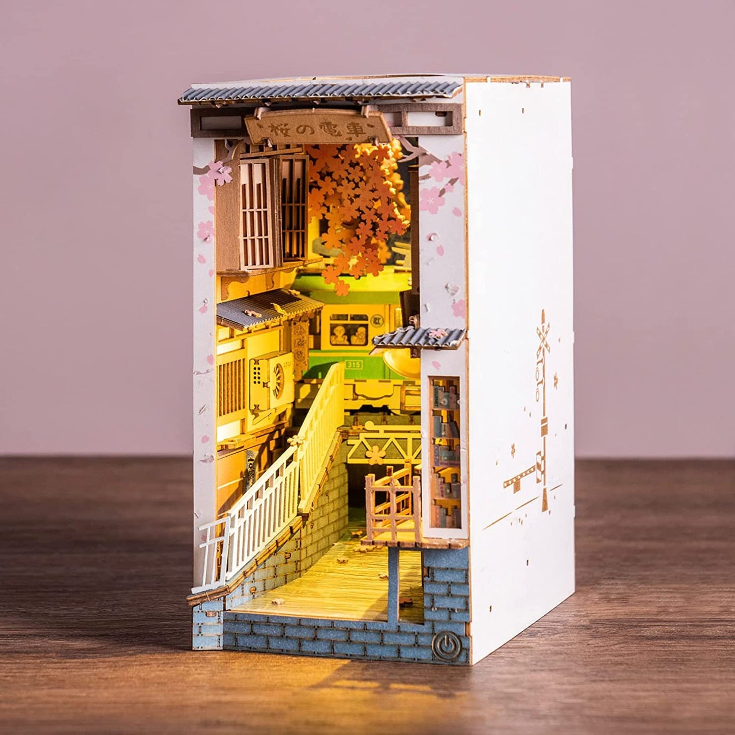 Falling Sakura Book Nook Kit – DIY 3D Wooden Japanese Street Bookshelf Insert with LED Light