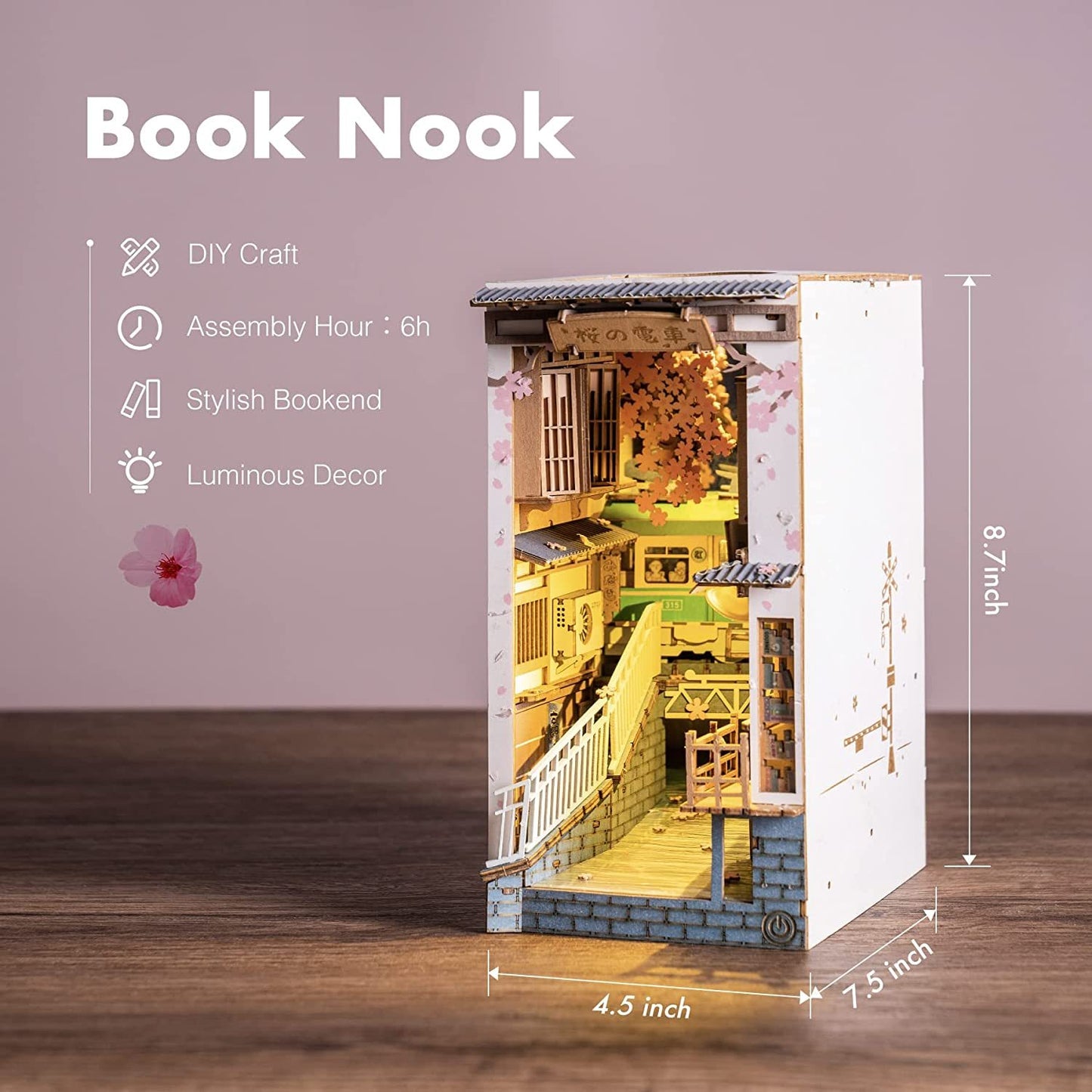 Falling Sakura Book Nook Kit – DIY 3D Wooden Japanese Street Bookshelf Insert with LED Light