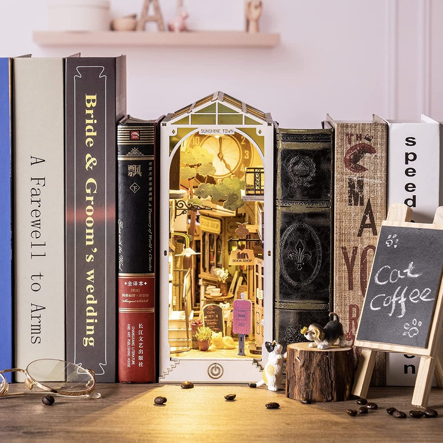 Falling Sakura Book Nook Kit – DIY 3D Wooden Japanese Street Bookshelf Insert with LED Light