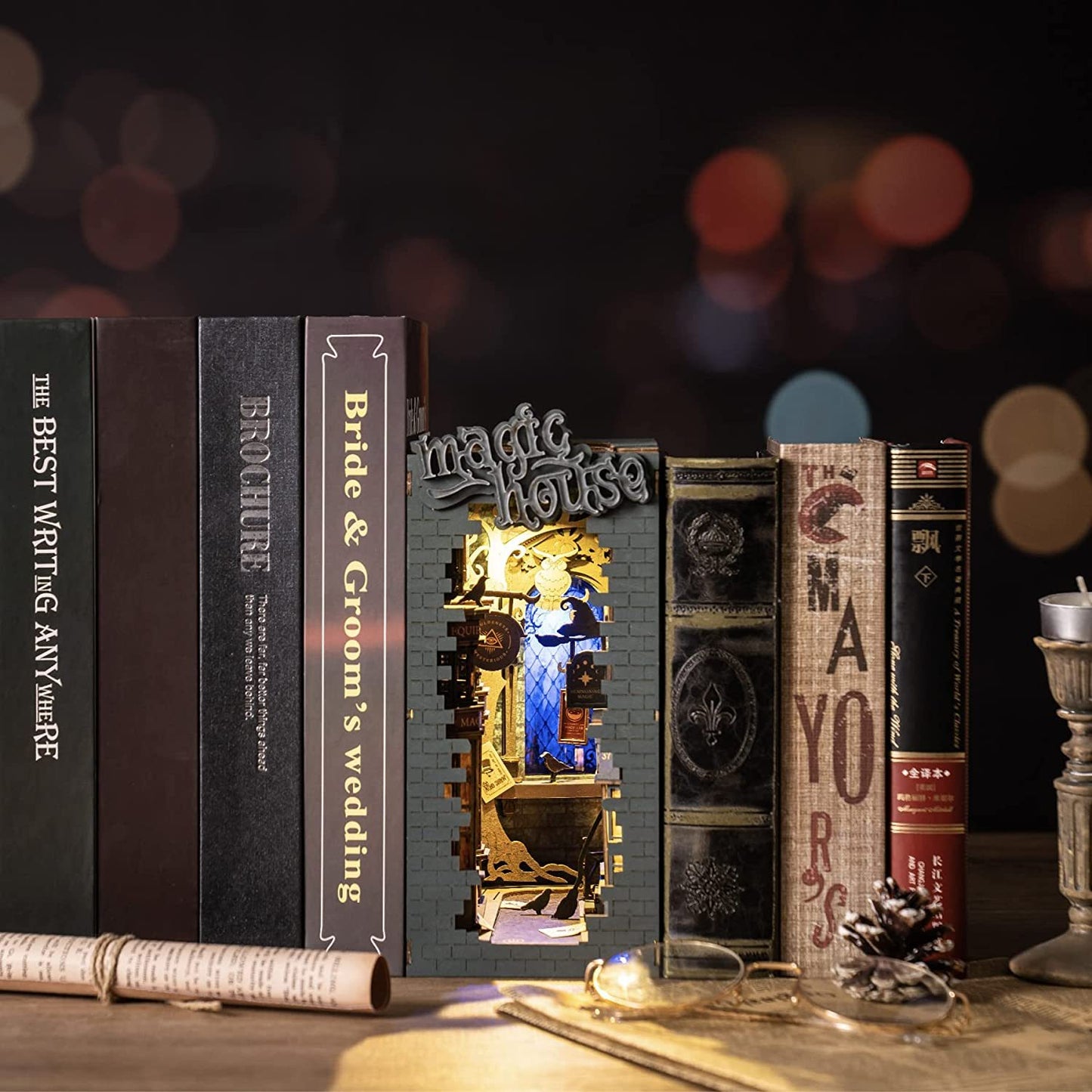 Falling Sakura Book Nook Kit – DIY 3D Wooden Japanese Street Bookshelf Insert with LED Light
