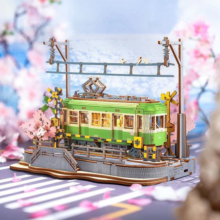 Sakura Journey Tram – DIY 3D Wooden Puzzle Model Kit with LED Light, Relaxing Craft Gift for Adults and Teens