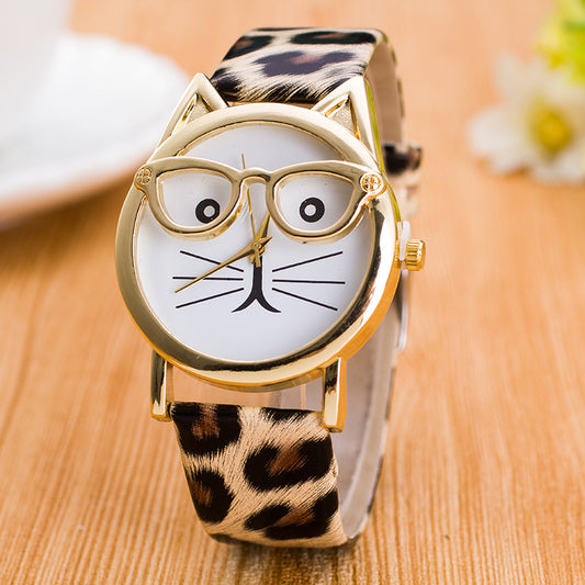 Cute Cat Face Quartz Watch – Gold Glasses Dial, 40 mm (1.57 in) Metal Case, Fun Kids & Teens Gift