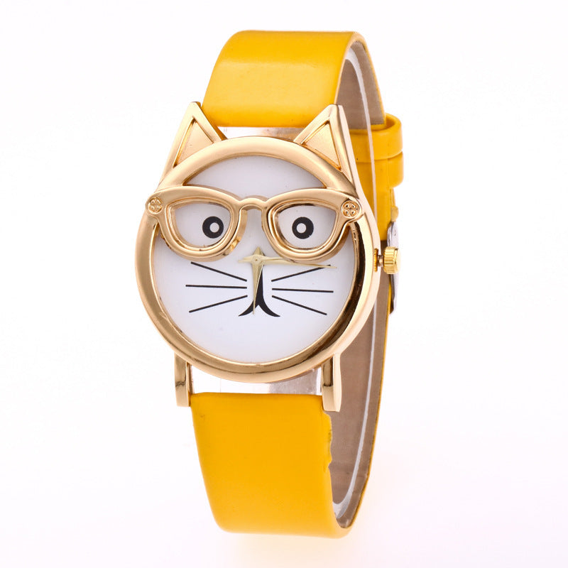 Cute Cat Face Quartz Watch – Gold Glasses Dial, 40 mm (1.57 in) Metal Case, Fun Kids & Teens Gift