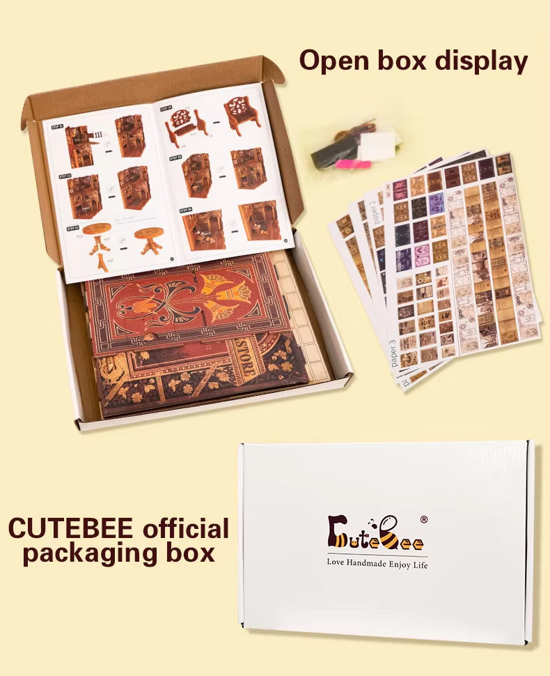 Japanese Sakura Book Nook Kit – DIY Miniature Dollhouse Bookshelf Insert Alley Model with LED Light, Craft Gift for Adults & Teens