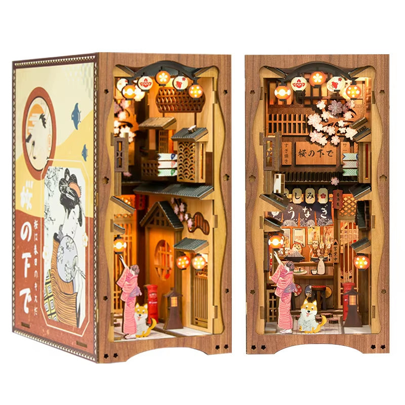 Japanese Sakura Book Nook Kit – DIY Miniature Dollhouse Bookshelf Insert Alley Model with LED Light, Craft Gift for Adults & Teens
