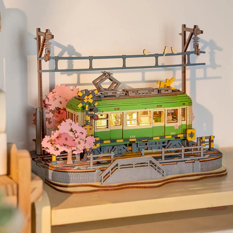 Sakura Journey Tram – DIY 3D Wooden Puzzle Model Kit with LED Light, Relaxing Craft Gift for Adults and Teens