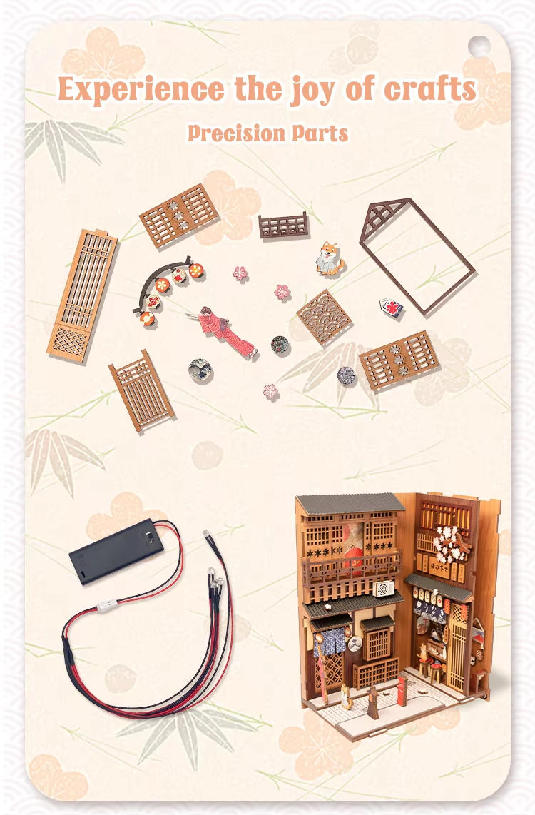 Japanese Sakura Book Nook Kit – DIY Miniature Dollhouse Bookshelf Insert Alley Model with LED Light, Craft Gift for Adults & Teens