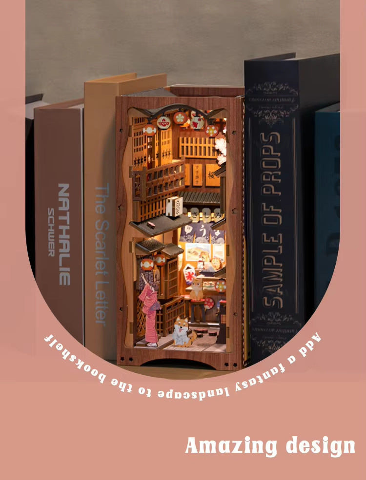 Japanese Sakura Book Nook Kit – DIY Miniature Dollhouse Bookshelf Insert Alley Model with LED Light, Craft Gift for Adults & Teens