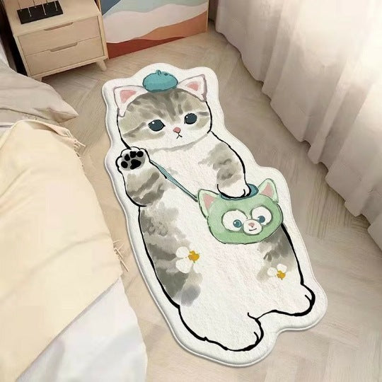 Kawaii Cat Floor Mat, Plush Cashmere-Look Bedside Rug and Blanket, Non-Slip Kitty Carpet in Multiple Sizes