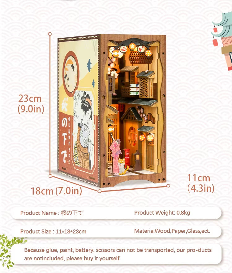 Japanese Sakura Book Nook Kit – DIY Miniature Dollhouse Bookshelf Insert Alley Model with LED Light, Craft Gift for Adults & Teens