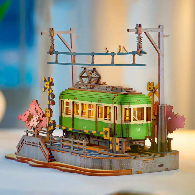 Sakura Journey Tram – DIY 3D Wooden Puzzle Model Kit with LED Light, Relaxing Craft Gift for Adults and Teens