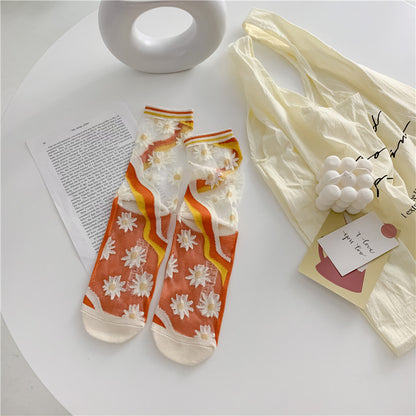 Retro Japanese Sheer Mesh Socks – Bright-Color Glass Silk Low-Cut Daisy & Geo Patterns, Breathable Women’s One Size