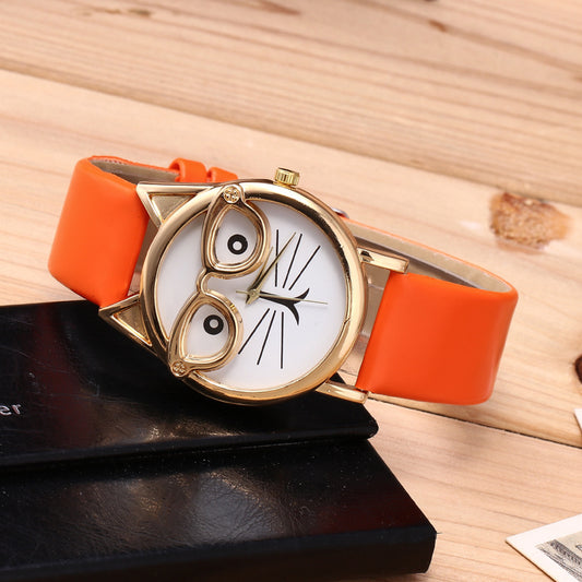 Cute Cat Face Quartz Watch – Gold Glasses Dial, 40 mm (1.57 in) Metal Case, Fun Kids & Teens Gift