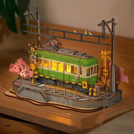 Sakura Journey Tram – DIY 3D Wooden Puzzle Model Kit with LED Light, Relaxing Craft Gift for Adults and Teens