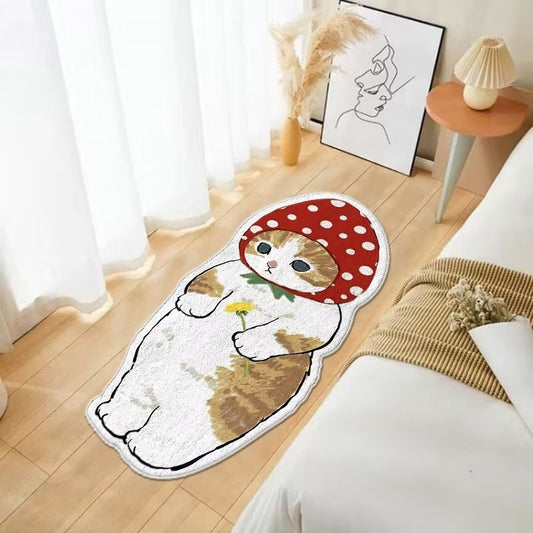 Kawaii Cat Floor Mat, Plush Cashmere-Look Bedside Rug and Blanket, Non-Slip Kitty Carpet in Multiple Sizes