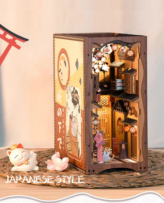 Japanese Sakura Book Nook Kit – DIY Miniature Dollhouse Bookshelf Insert Alley Model with LED Light, Craft Gift for Adults & Teens